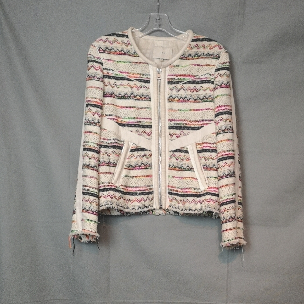 Vintage Iro White Striped  Boucle Tweed Moto Jacket